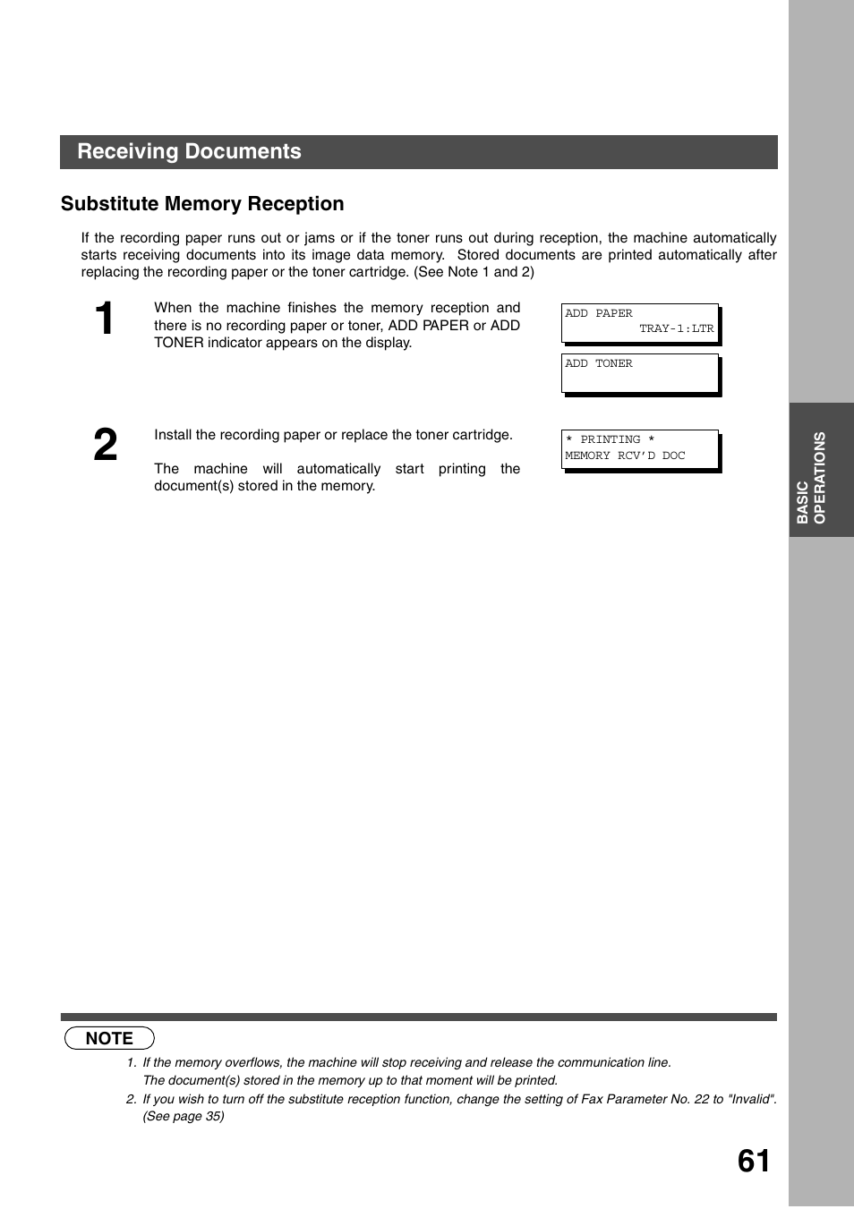 Substitute memory reception, Receiving documents | Panasonic DP-135FP User Manual | Page 61 / 114