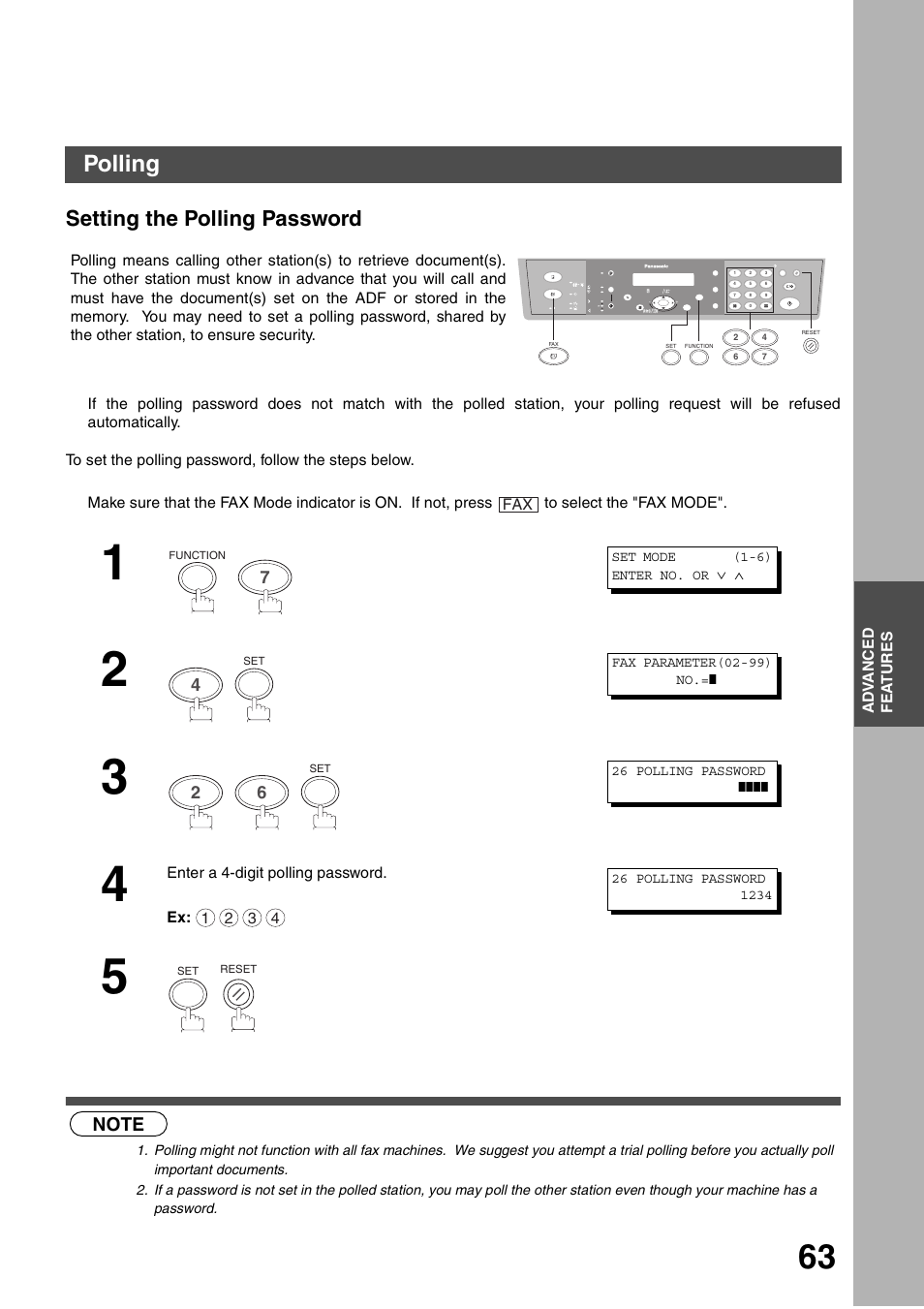 Advanced features, Polling, Setting the polling password | Panasonic DP-135FP User Manual | Page 63 / 114