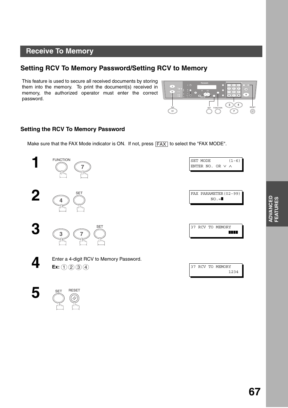Receive to memory, Setting the rcv to memory password, Advanced features | Panasonic DP-135FP User Manual | Page 67 / 114