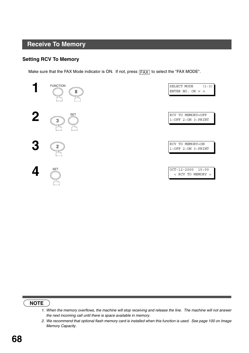 Setting rcv to memory, Advanced features | Panasonic DP-135FP User Manual | Page 68 / 114