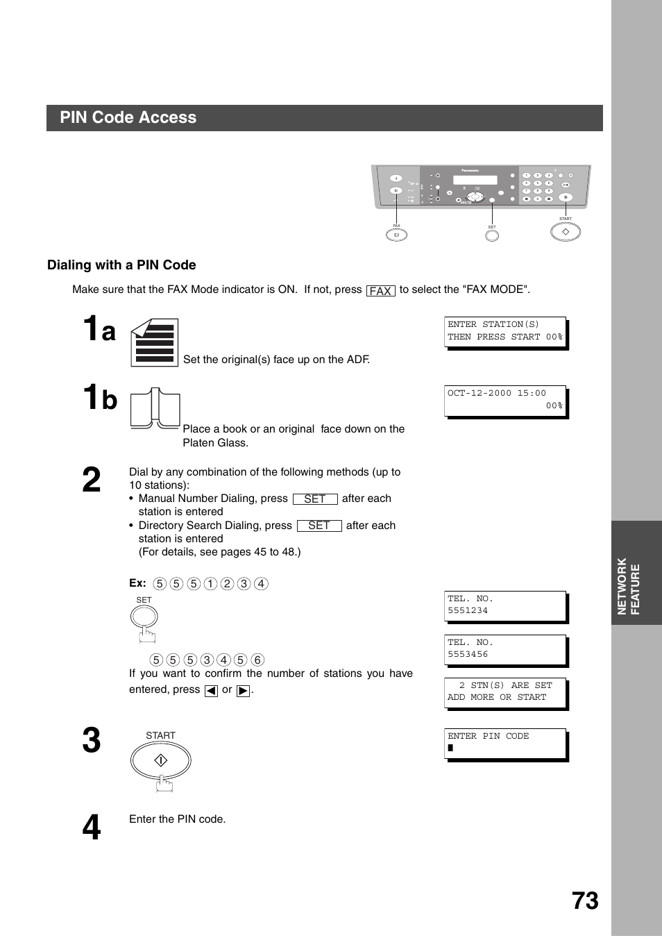 Dialing with a pin code, Network feature, Pin code access | Panasonic DP-135FP User Manual | Page 73 / 114