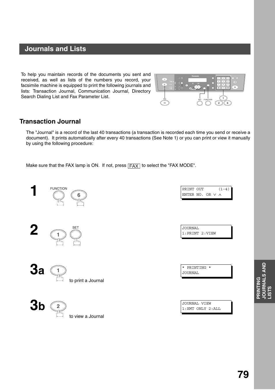 Printout journals and lists, Journals and lists, Transaction journal | Panasonic DP-135FP User Manual | Page 79 / 114