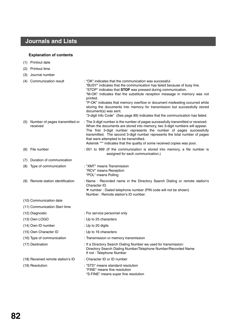 Printing journals and lists, Journals and lists | Panasonic DP-135FP User Manual | Page 82 / 114
