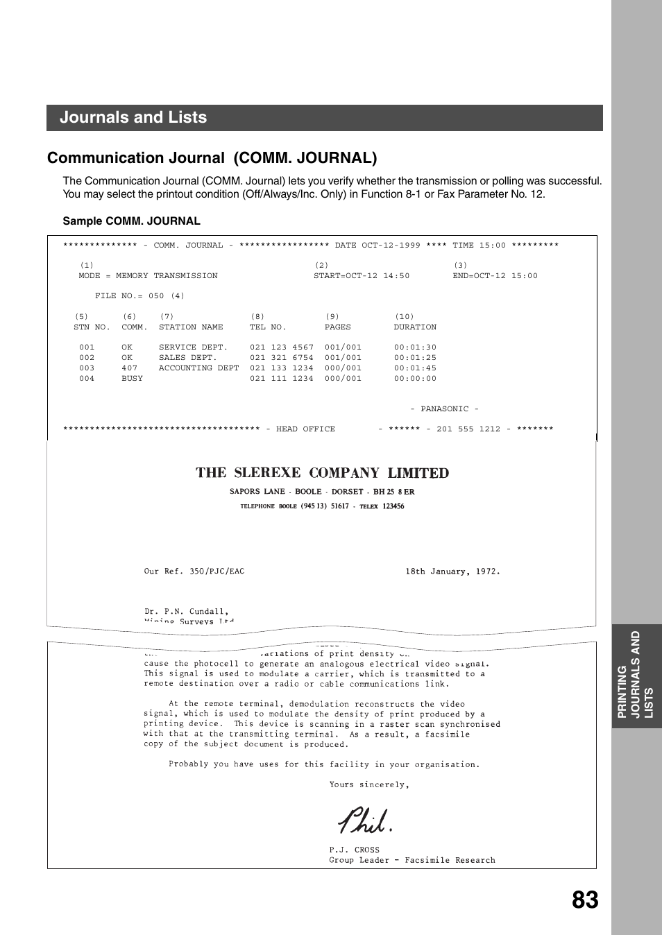 Communication journal (comm. journal), Printing journals and lists, Journals and lists | Panasonic DP-135FP User Manual | Page 83 / 114