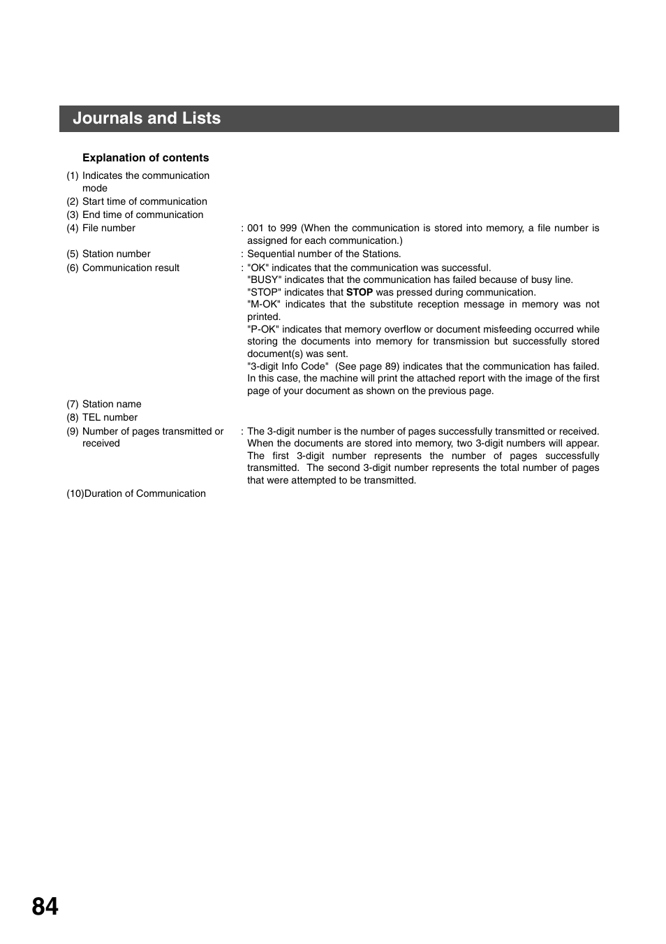 Printing journals and lists, Journals and lists | Panasonic DP-135FP User Manual | Page 84 / 114