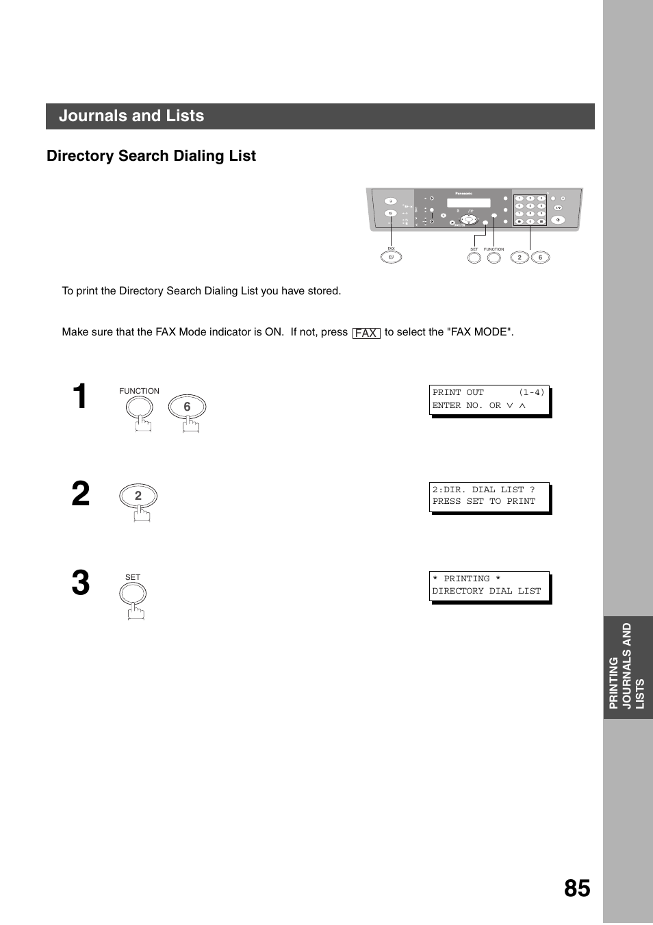 Directory search dialing list, Printing journals and lists, Journals and lists | Panasonic DP-135FP User Manual | Page 85 / 114