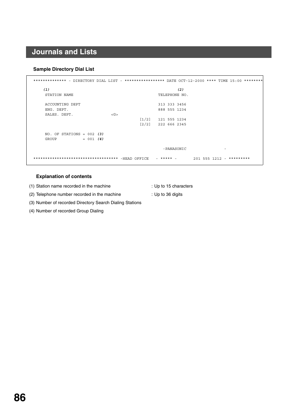 Printing journals and lists, Journals and lists | Panasonic DP-135FP User Manual | Page 86 / 114