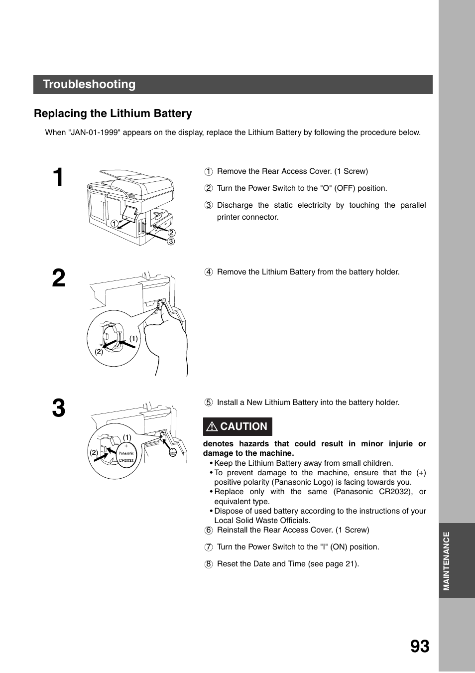 Replacing the lithium battery, Maintenance, Troubleshooting | Panasonic DP-135FP User Manual | Page 93 / 114