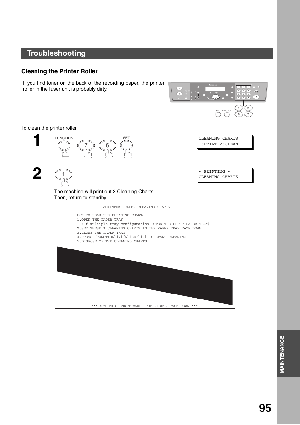 Cleaning the printer roller, Maintenance, Troubleshooting | Panasonic DP-135FP User Manual | Page 95 / 114