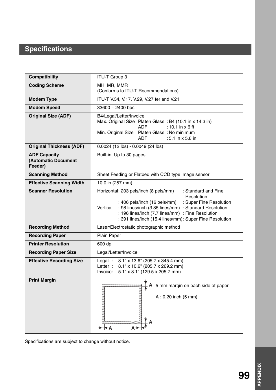 Appendix, Specifications | Panasonic DP-135FP User Manual | Page 99 / 114