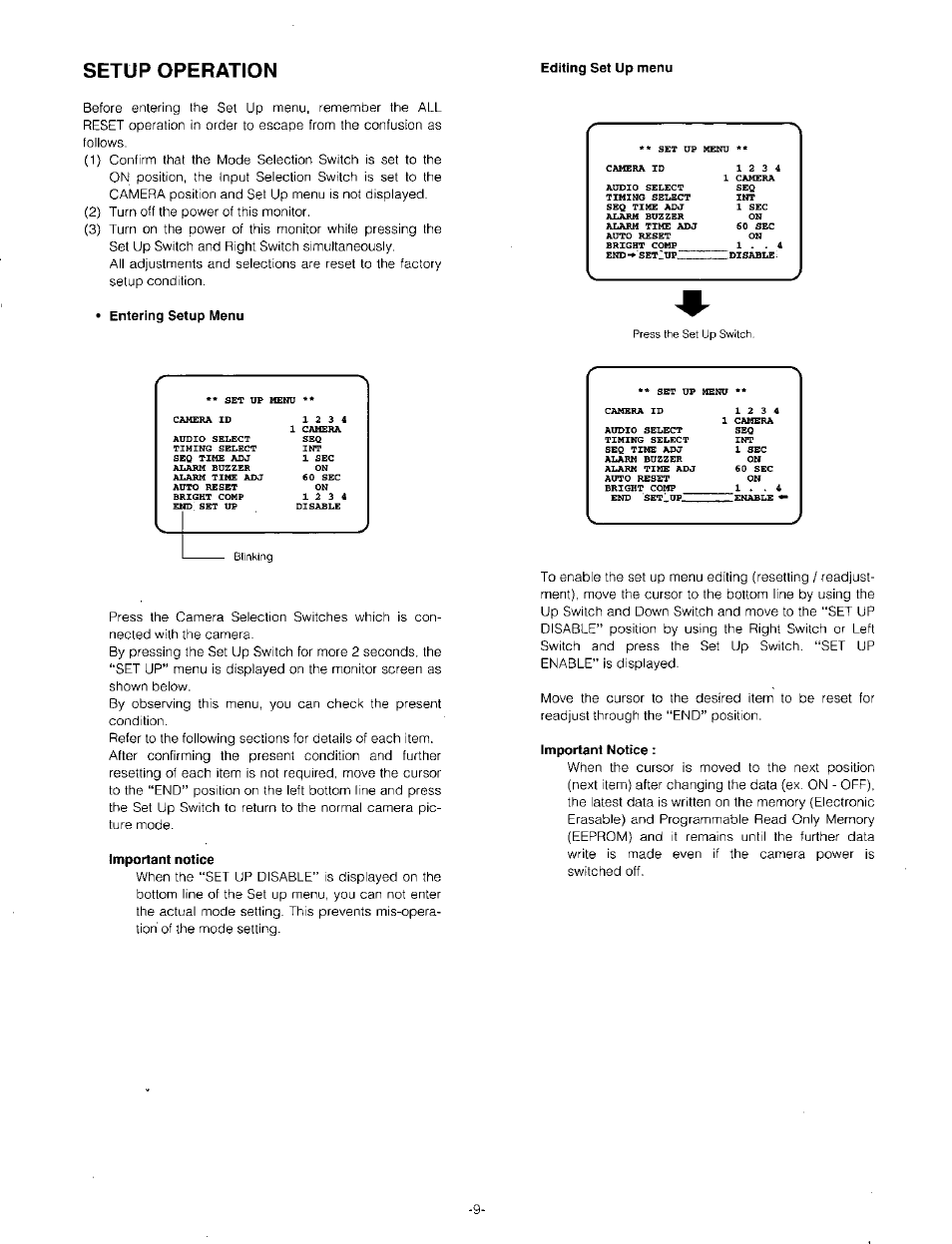 Setup operation | Panasonic WV-CM143 User Manual | Page 11 / 22