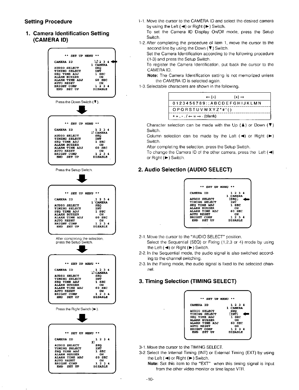 Camera identification setting (camera id), Audio selection (audio select), Timing selection (timing select) | Setting procedure | Panasonic WV-CM143 User Manual | Page 12 / 22