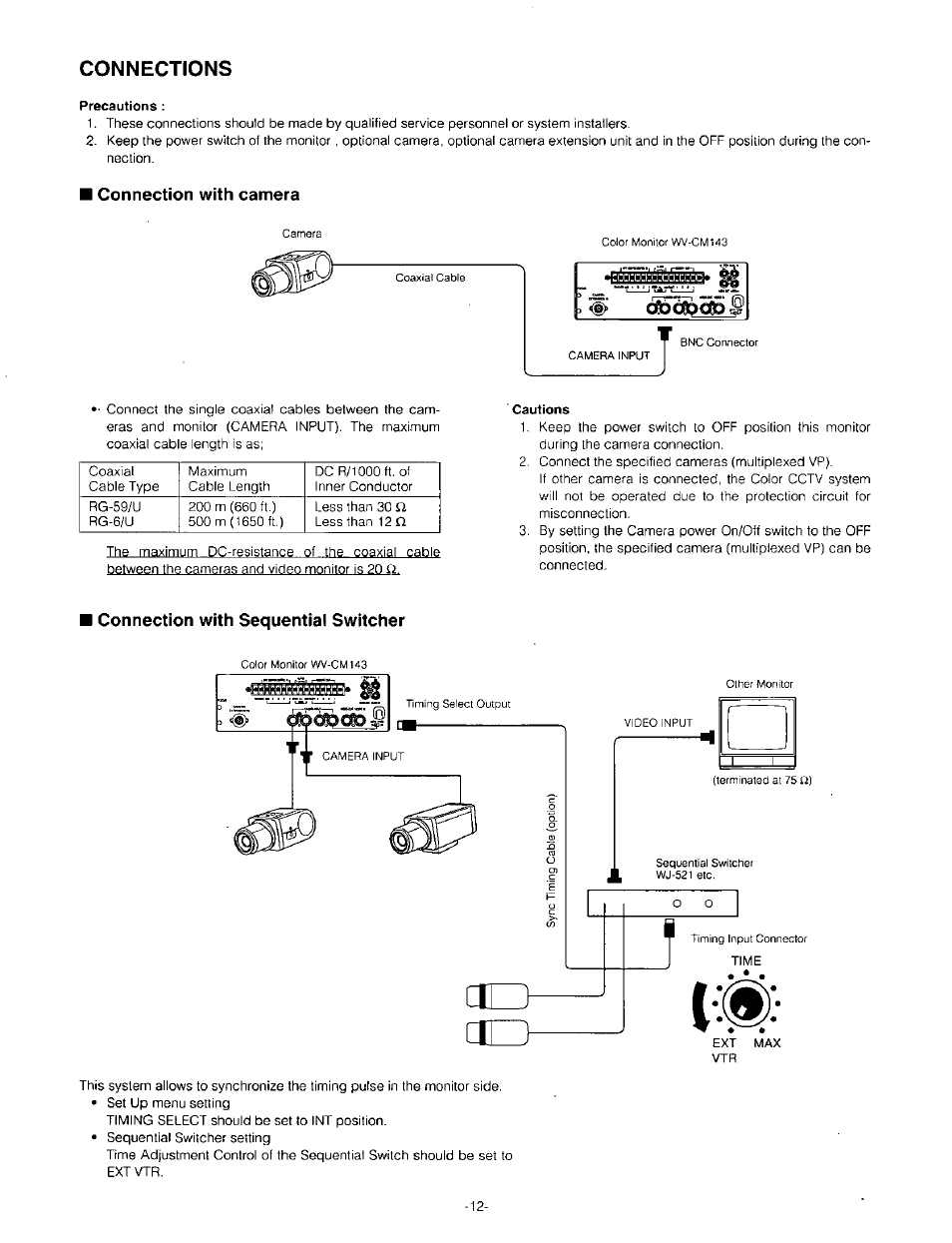 Connections, Connection with camera, Connection with sequential switcher | Panasonic WV-CM143 User Manual | Page 14 / 22