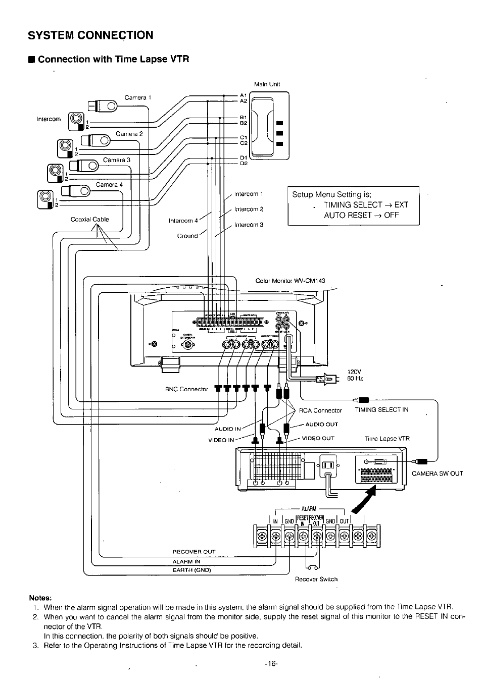 Connection with time lapse vtr, System connection | Panasonic WV-CM143 User Manual | Page 18 / 22