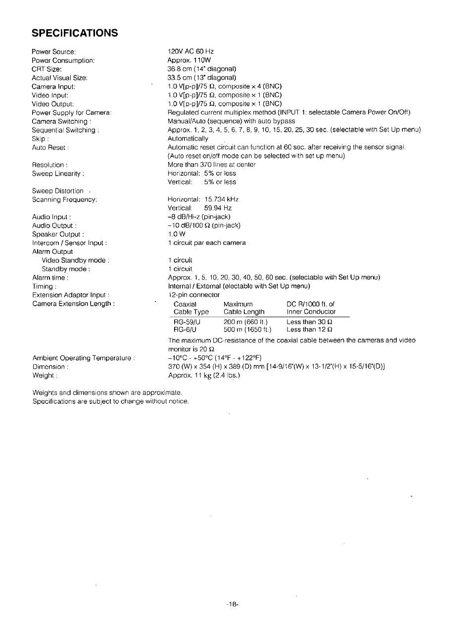 Specifications | Panasonic WV-CM143 User Manual | Page 20 / 22