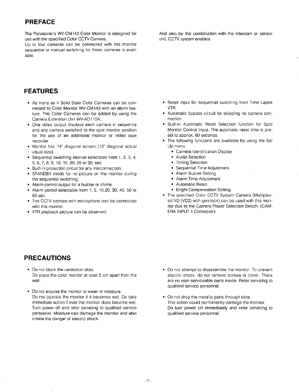 Preface, Features, Precautions | Panasonic WV-CM143 User Manual | Page 3 / 22