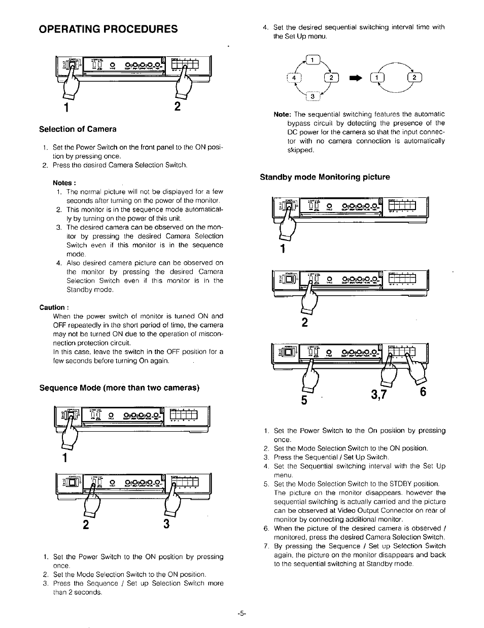 Selection of camera, Sequence mode (more than two cameras), Standby mode monitoring picture | Operating procedures | Panasonic WV-CM143 User Manual | Page 7 / 22