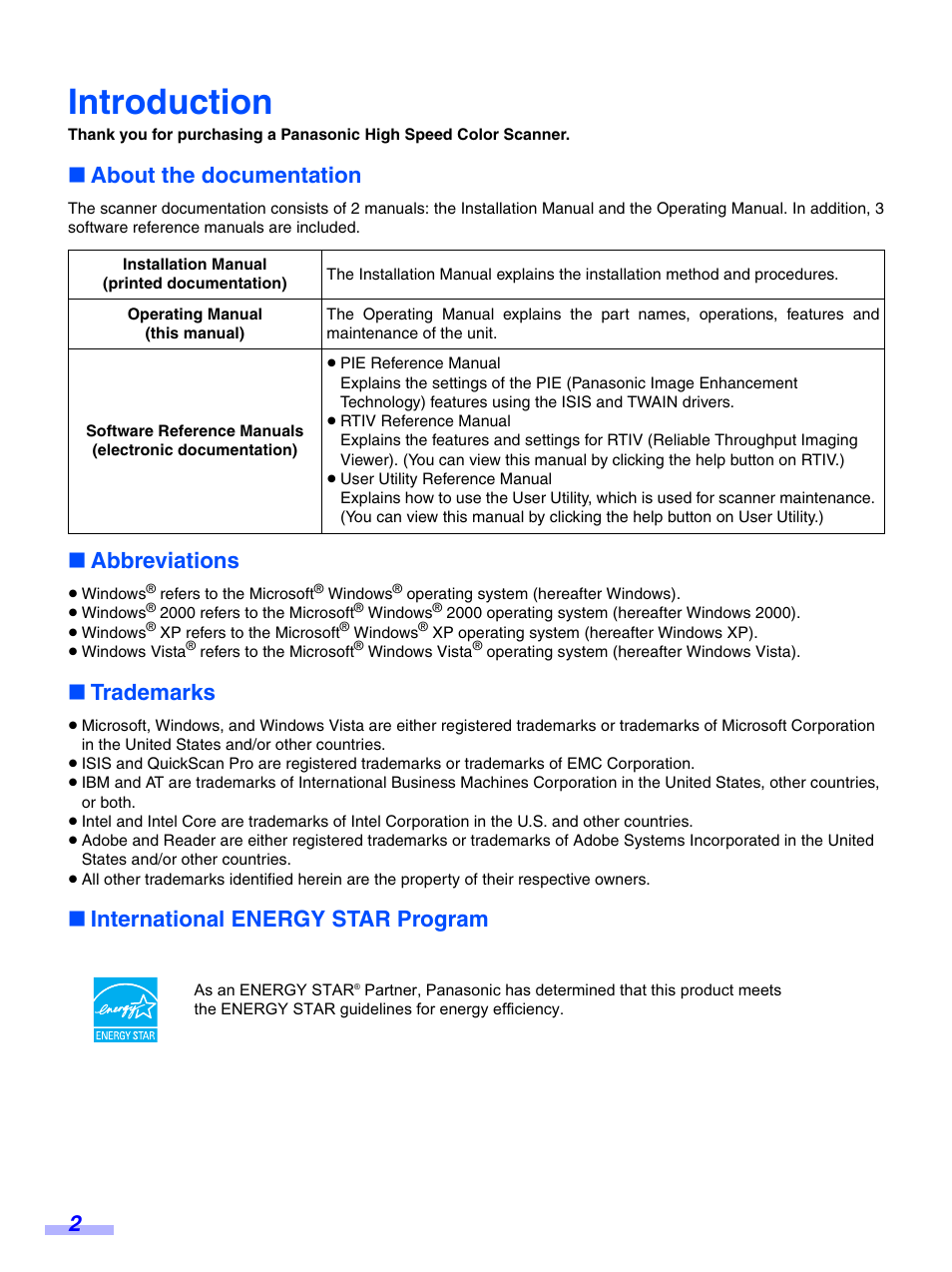 Introduction, About the documentation, Abbreviations | Trademarks, International energy star program | Panasonic KV-S7075C User Manual | Page 2 / 53