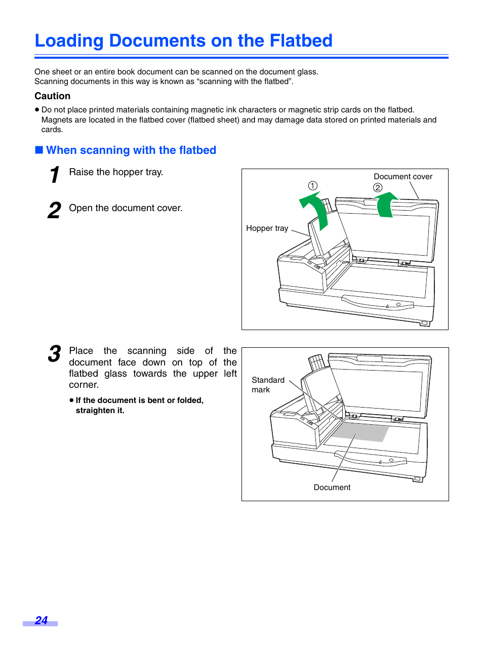 Loading documents on the flatbed, When scanning with the flatbed | Panasonic KV-S7075C User Manual | Page 24 / 53