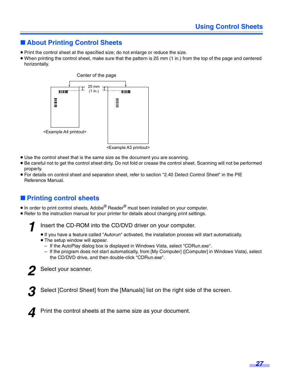 About printing control sheets, Printing control sheets | Panasonic KV-S7075C User Manual | Page 27 / 53