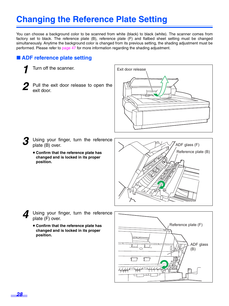 Changing the reference plate setting, Adf reference plate setting | Panasonic KV-S7075C User Manual | Page 28 / 53