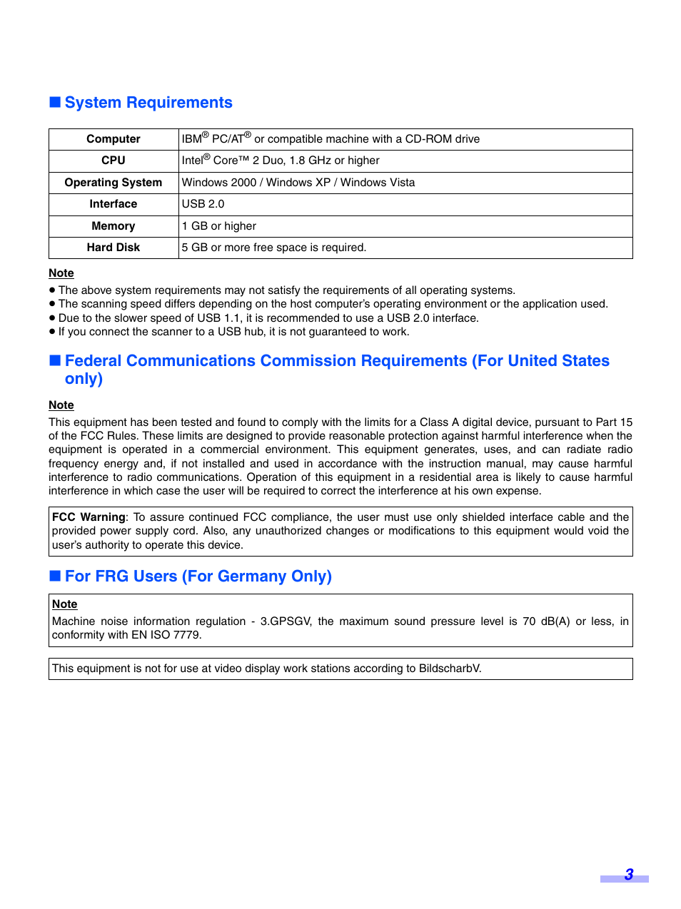 3∫ system requirements, For frg users (for germany only) | Panasonic KV-S7075C User Manual | Page 3 / 53