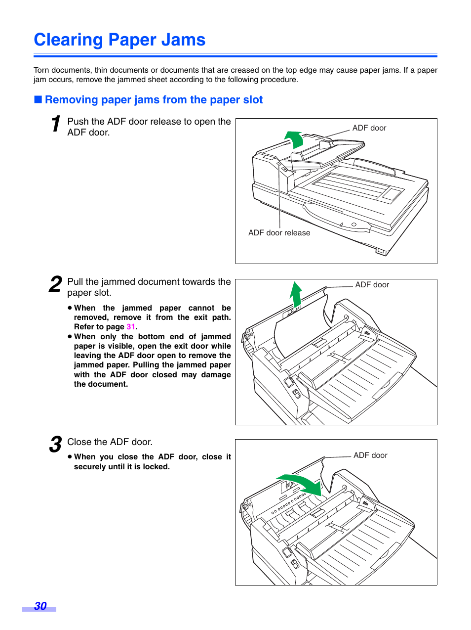 Clearing paper jams, Removing paper jams from the paper slot | Panasonic KV-S7075C User Manual | Page 30 / 53