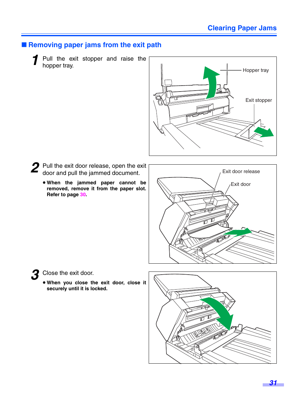 Removing paper jams from the exit path | Panasonic KV-S7075C User Manual | Page 31 / 53