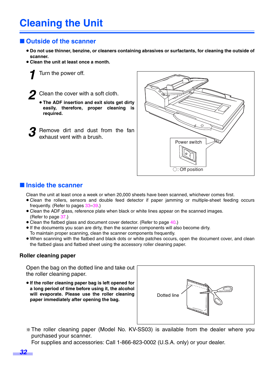 Cleaning the unit, Outside of the scanner, Inside the scanner | Panasonic KV-S7075C User Manual | Page 32 / 53