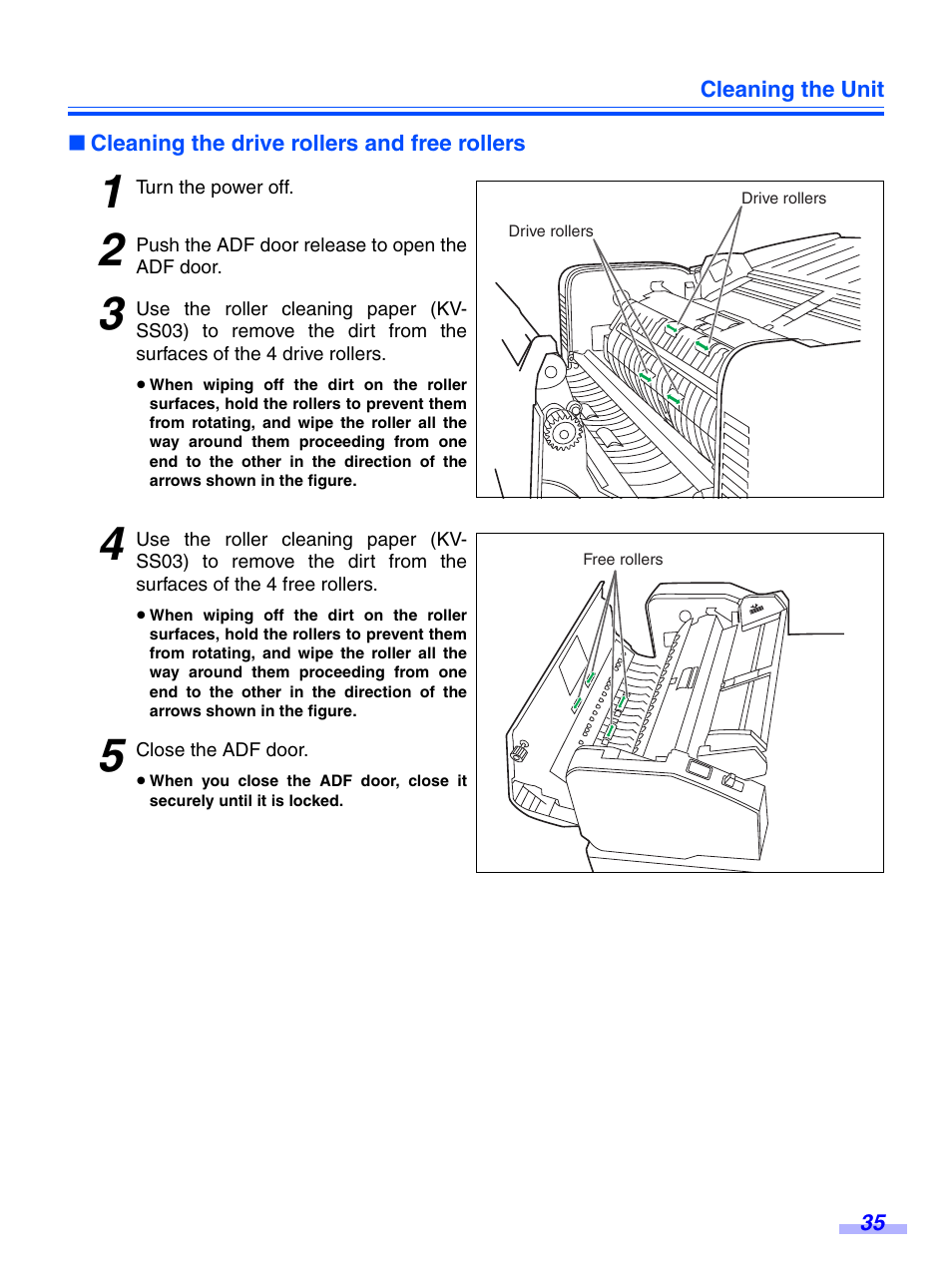 Cleaning the drive rollers and free rollers | Panasonic KV-S7075C User Manual | Page 35 / 53