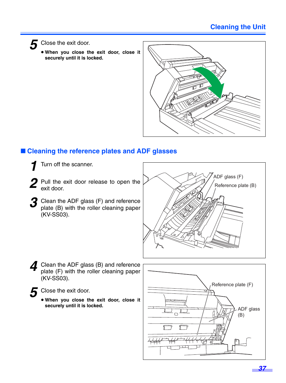 Cleaning the reference plates and adf glasses | Panasonic KV-S7075C User Manual | Page 37 / 53