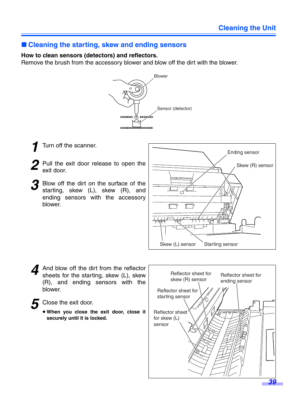 Cleaning the starting, skew and ending sensors | Panasonic KV-S7075C User Manual | Page 39 / 53