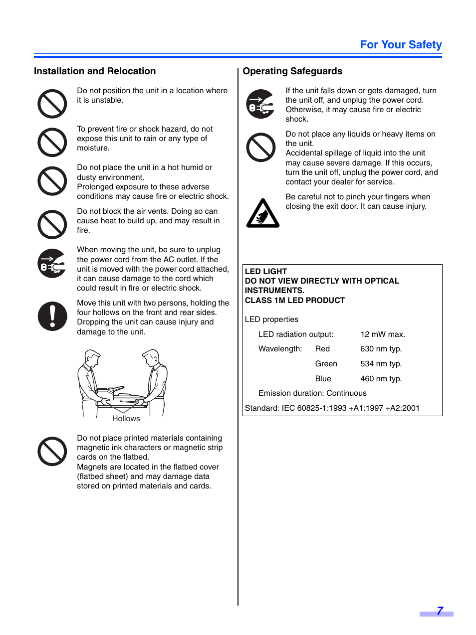 For your safety 7 | Panasonic KV-S7075C User Manual | Page 7 / 53