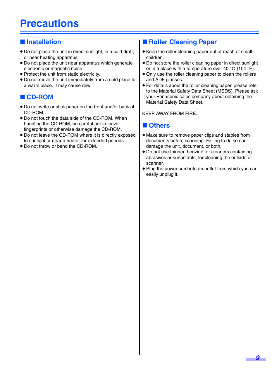 Precautions, Installation, Cd-rom | Roller cleaning paper, Others | Panasonic KV-S7075C User Manual | Page 9 / 53