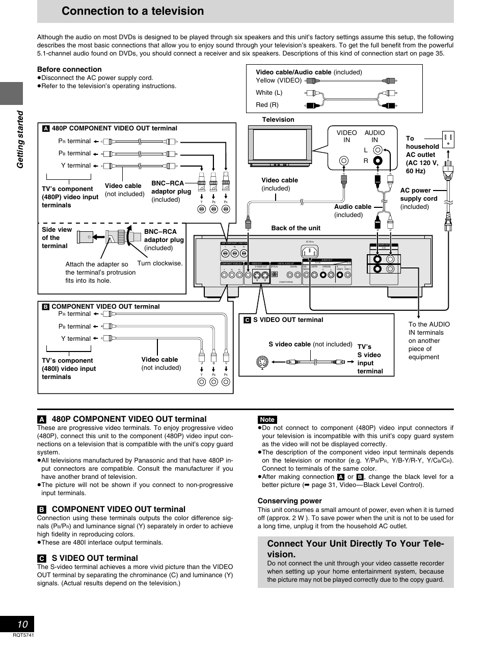 Connection to a television, Connect your unit directly to your tele- vision, Getting started | A] 480p component video out terminal, B] component video out terminal, C] s video out terminal, Before connection, Conserving power | Panasonic DVD-H2000 User Manual | Page 10 / 88