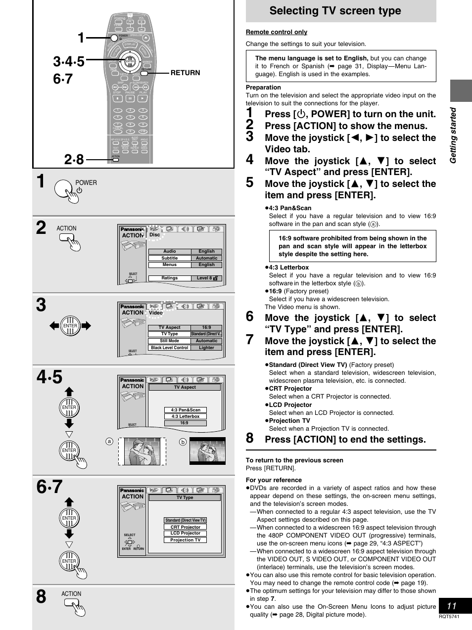 Selecting tv screen type, Press [ ê , power] to turn on the unit, Press [action] to show the menus | Press [action] to end the settings, Getting started | Panasonic DVD-H2000 User Manual | Page 11 / 88