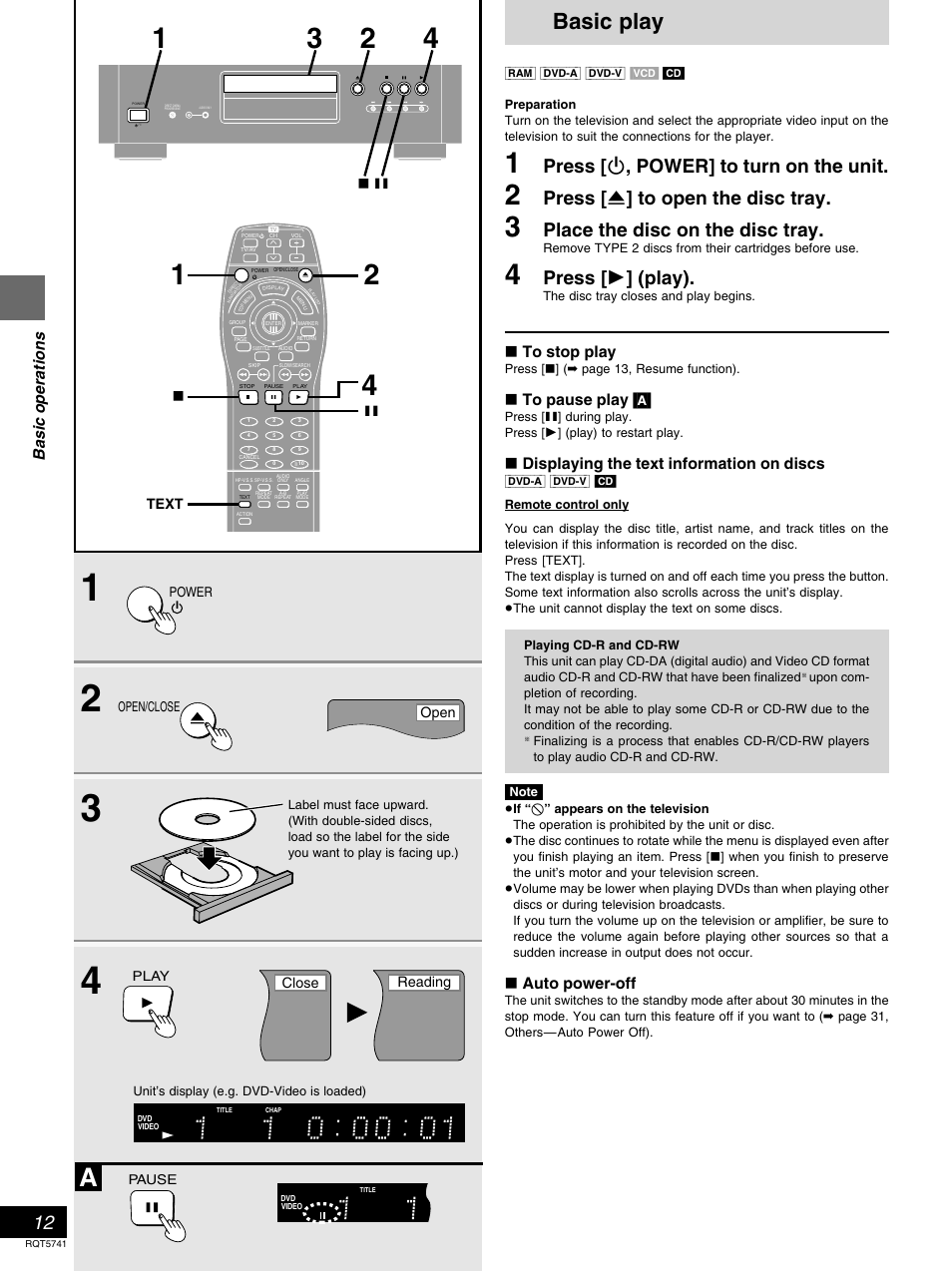 Basic operations, Basic play, Press [ ê , power] to turn on the unit | Press [ < ] to open the disc tray, Place the disc on the disc tray, Press [ 1 ] (play), º to stop play, º to pause play [a, º displaying the text information on discs, º auto power-off | Panasonic DVD-H2000 User Manual | Page 12 / 88