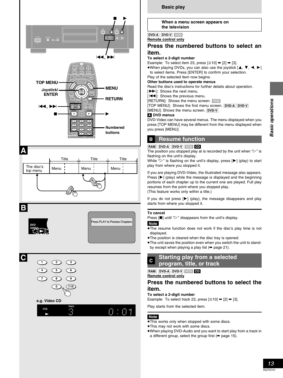 Press the numbered buttons to select an item, Resume function, Press the numbered buttons to select the item | Basic operations, Basic play, When a menu screen appears on the television, Menu return top menu enter ∫ 1 : , 9 | Panasonic DVD-H2000 User Manual | Page 13 / 88