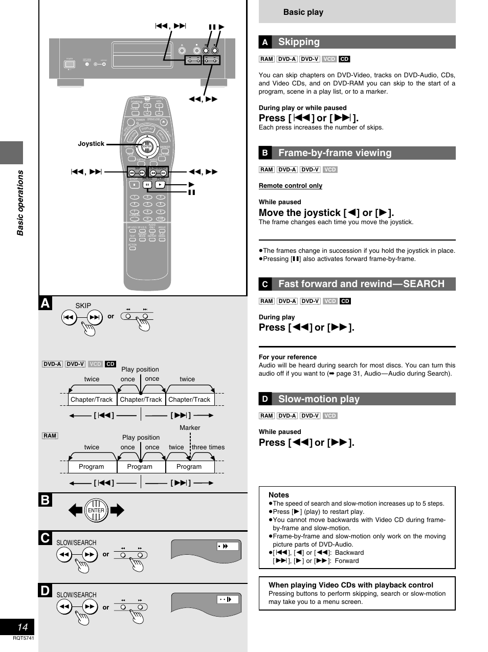 Ad b c, Skipping, Press | Or [ 9, Frame-by-frame viewing, Move the joystick [ 2 ] or [ 1, Fast forward and rewind—search, Press [ 6, Or [ 5, Slow-motion play | Panasonic DVD-H2000 User Manual | Page 14 / 88