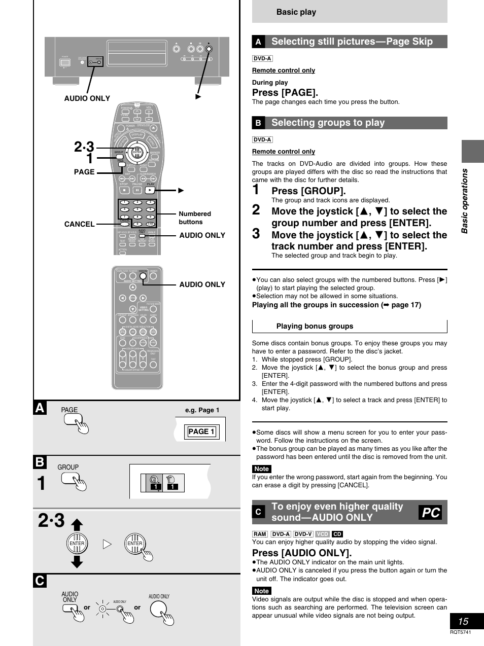 Bc a, Selecting still pictures—page skip, Press [page | Selecting groups to play, Press [group, Press [audio only, Basic operations, Basic play, Page 1, 1audio only | Panasonic DVD-H2000 User Manual | Page 15 / 88