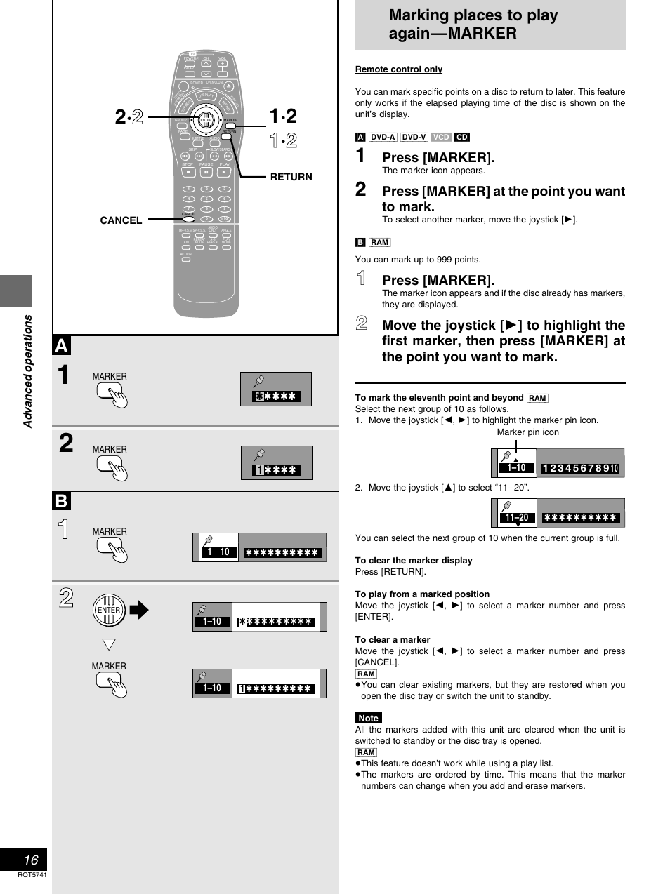 Advanced operations, Marking places to play again - marker, Marking places to play again—marker | Press [marker, Press [marker] at the point you want to mark | Panasonic DVD-H2000 User Manual | Page 16 / 88