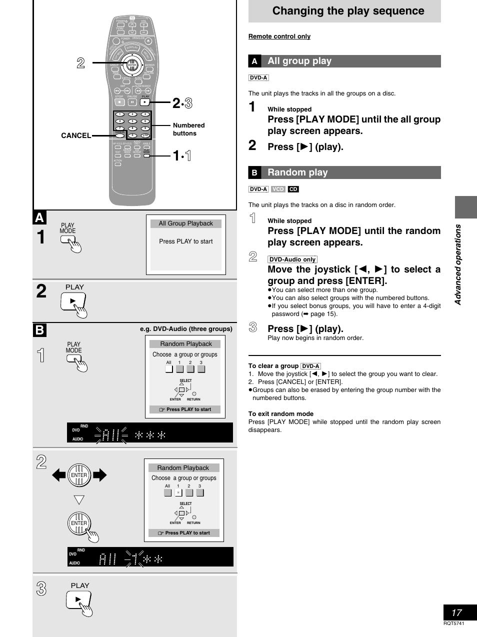 Changing the play sequence, All group play, Press [ 1 ] (play) | Random play, Advanced operations | Panasonic DVD-H2000 User Manual | Page 17 / 88