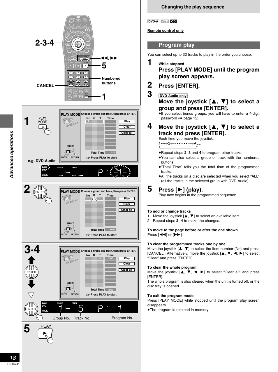 Program play, Press [enter, Press [ 1 ] (play) | Advanced operations, Changing the play sequence, Cancel, Dvd-audio\only | Panasonic DVD-H2000 User Manual | Page 18 / 88