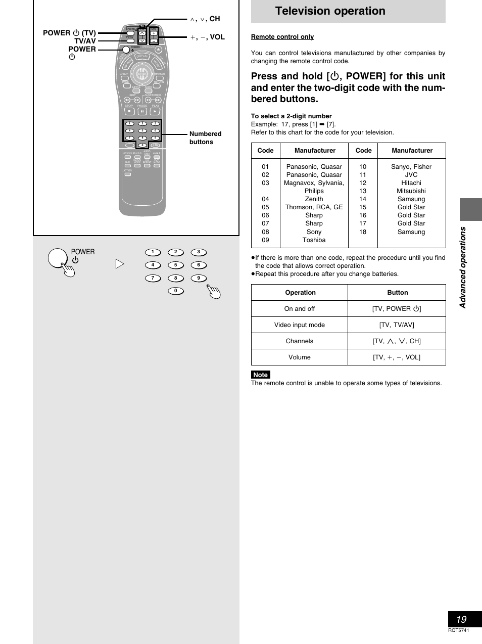 Television operation, Advanced operations, Power | Tv/av w , x , ch _ , ` , vol power í power í (tv) | Panasonic DVD-H2000 User Manual | Page 19 / 88