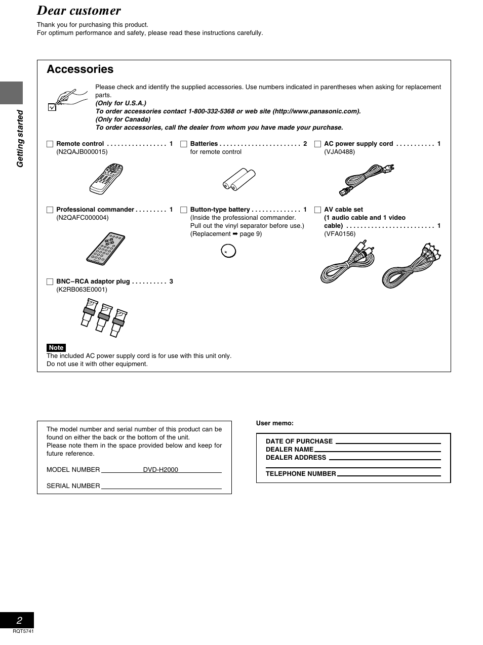 Getting started, Accessories, Dear customer | Panasonic DVD-H2000 User Manual | Page 2 / 88
