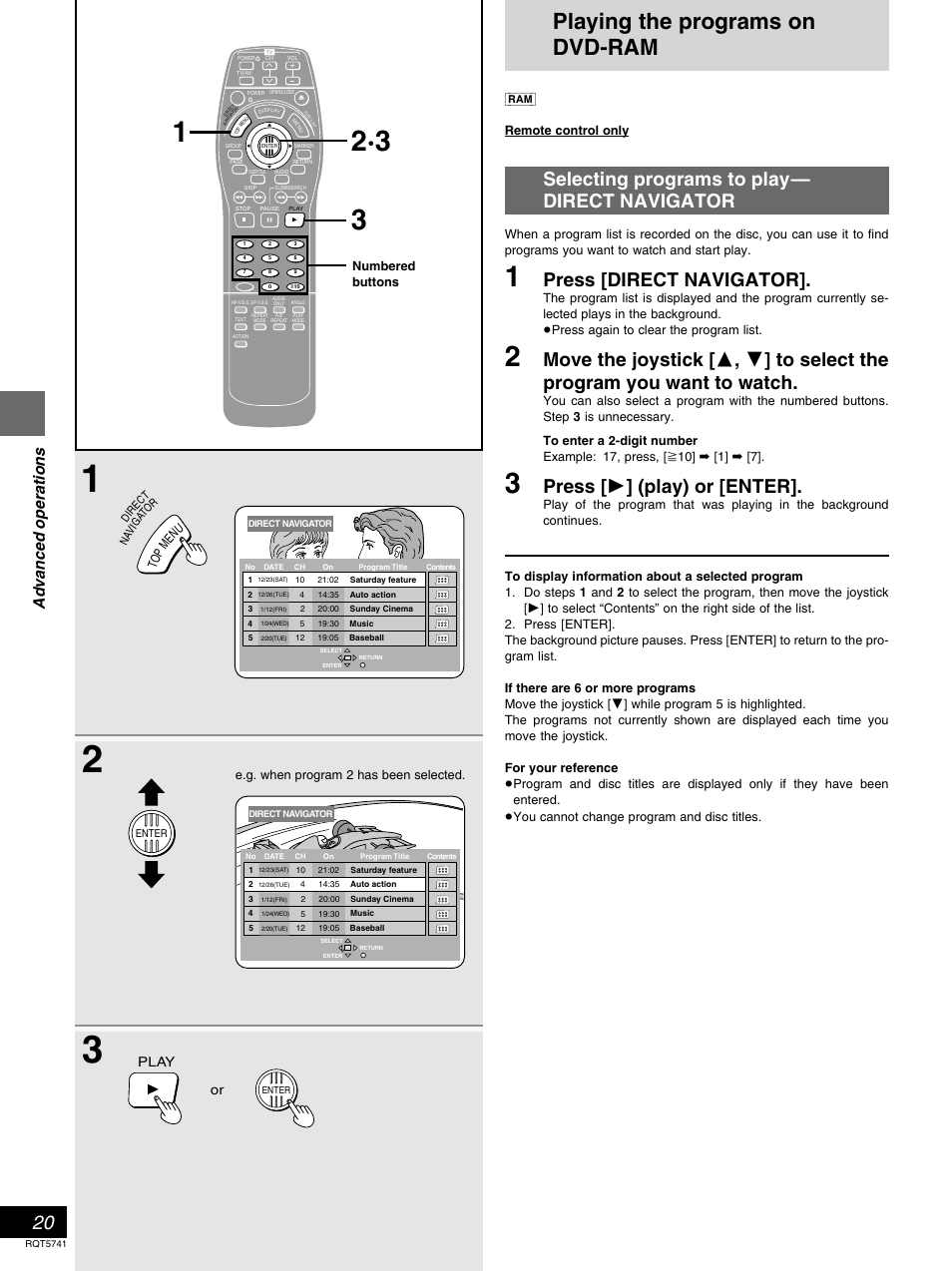 Playing the programs on dvd - ram, Playing the programs on dvd-ram, Selecting programs to play— direct navigator | Press [direct navigator, Press [ 1 ] (play) or [enter, Advanced operations, Play or | Panasonic DVD-H2000 User Manual | Page 20 / 88