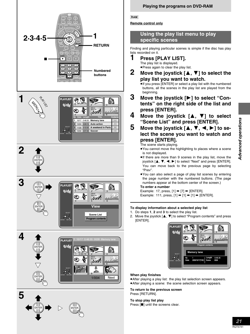 Using the play list menu to play specific scenes, Press [play list, Advanced operations | Playing the programs on dvd-ram, View, Return | Panasonic DVD-H2000 User Manual | Page 21 / 88