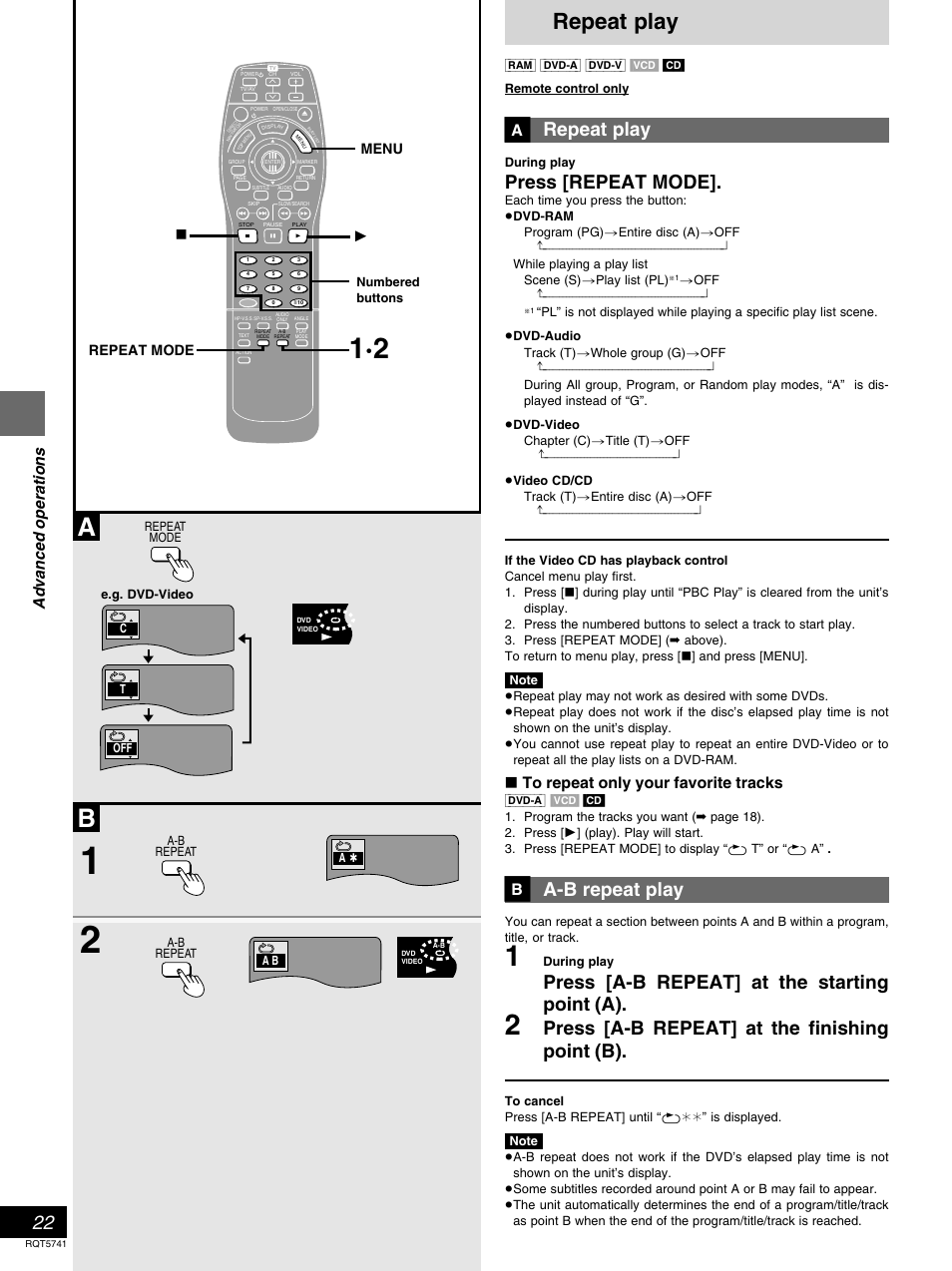 Repeat play, Press [repeat mode, A-b repeat play | Press [a-b repeat] at the starting point (a), Press [a-b repeat] at the finishing point (b), Advanced operations, º to repeat only your favorite tracks, Repeat mode menu ∫ 1 | Panasonic DVD-H2000 User Manual | Page 22 / 88