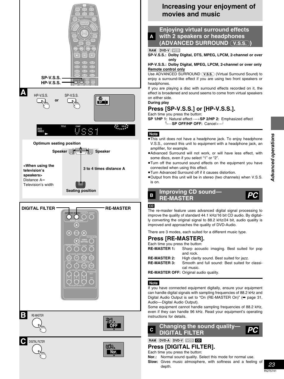 Increasing your enjoyment of movies and music, Ab c, Press [sp-v.s.s.] or [hp-v.s.s | Improving cd sound— re-master, Press [re-master, Changing the sound quality— digital filter, Press [digital filter, Advanced operations, Nor. off, Sp-v.s.s. hp-v.s.s | Panasonic DVD-H2000 User Manual | Page 23 / 88