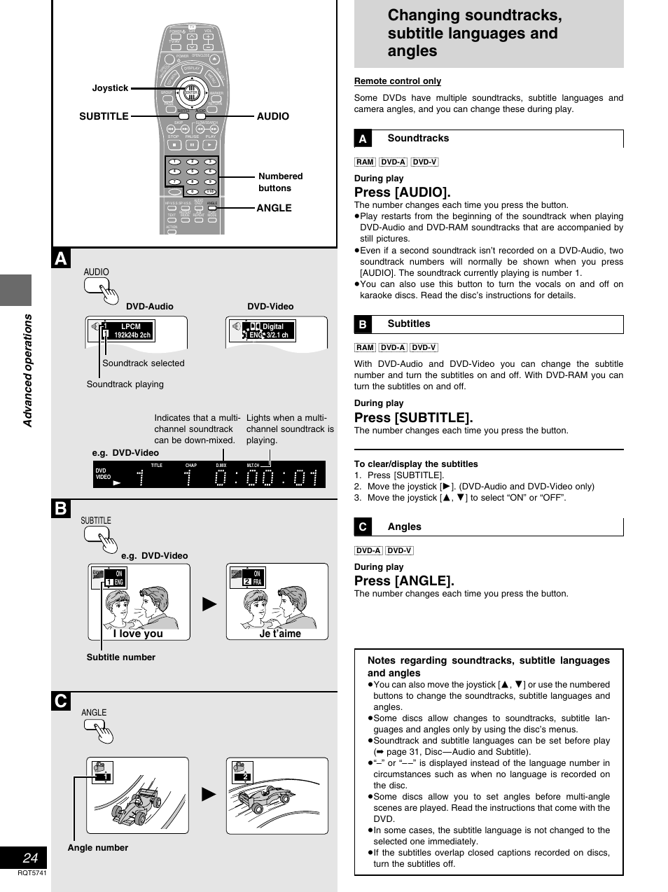 Ab c, Press [audio, Press [subtitle | Press [angle, Advanced operations, I love you je t’aime, Soundtracks, Subtitles, Angles, Subtitle audio angle | Panasonic DVD-H2000 User Manual | Page 24 / 88